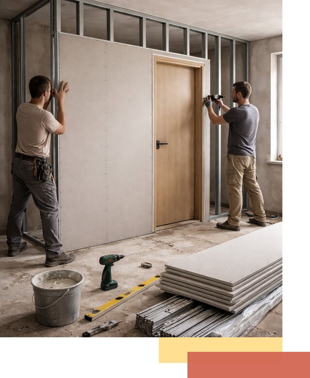 Перегородка из гипсокартона с дверью под ключ в Кулебаках