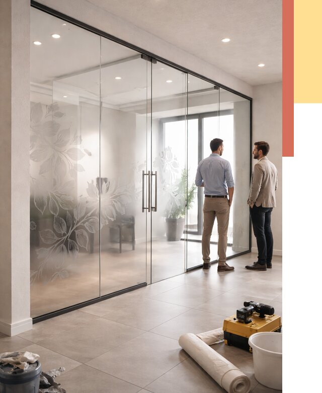 Стеклянные перегородки с рисунком в Кулебаках от 12883 руб. монтаж и нанесение | ОТДЕЛОЧНИК-Клб