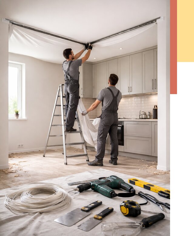 Установка натяжного потолка на кухне в Кулебаках от 2473 руб. | ОТДЕЛОЧНИК-Клб