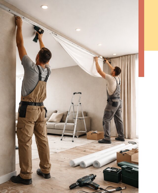 Монтаж натяжного потолка в гостиной в Кулебаках от 567 руб. | ОТДЕЛОЧНИК-Клб