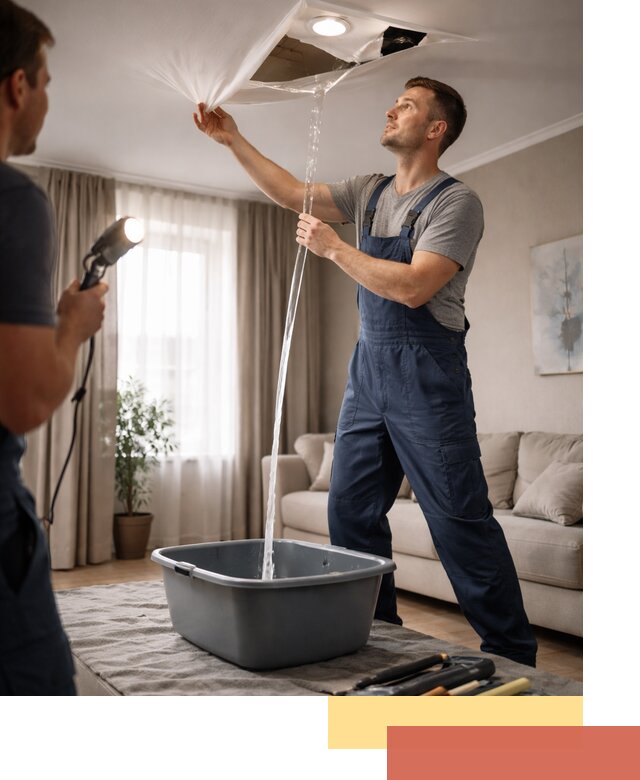 Слив воды с натяжного потолка в Кулебаках быстро и аккуратно